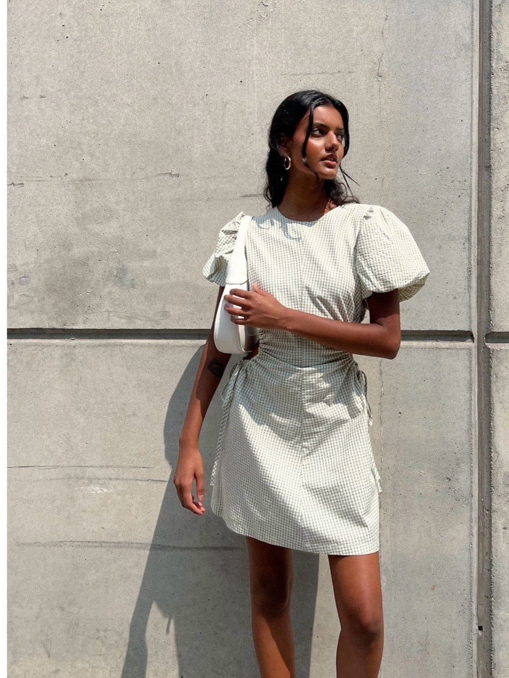 Oak + Fort Puff-Sleeve green Gingham Mini Dress